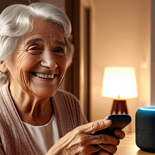 **Image Prompt:** Smart home interior, Alexa controlling lights, cozy atmosphere, grandmother smiling, subtle hints of data privacy concerns in the background, soft lighting.