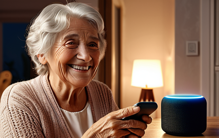 **Image Prompt:** Smart home interior, Alexa controlling lights, cozy atmosphere, grandmother smiling, subtle hints of data privacy concerns in the background, soft lighting.