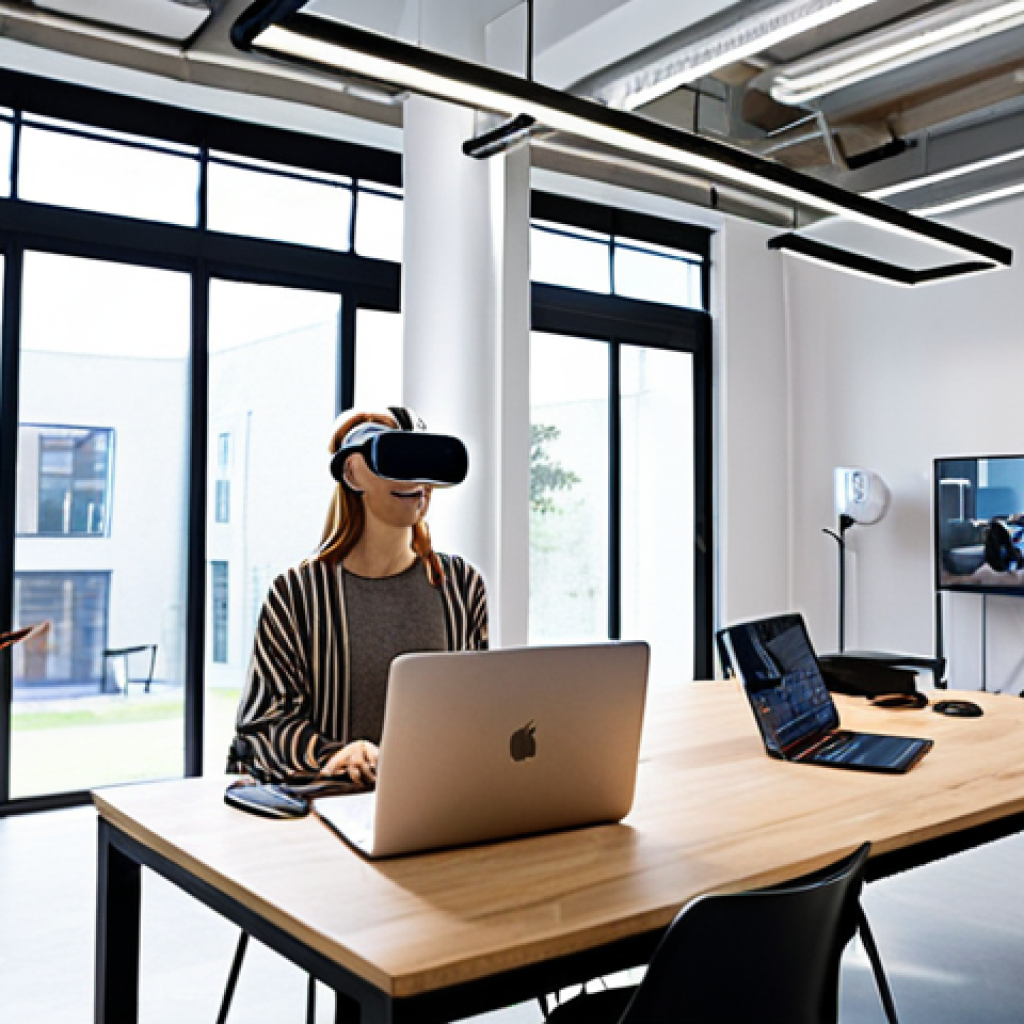 **

A diverse group of people collaborating on a digital project in a modern, light-filled co-working space. Some are using VR headsets to design immersive experiences, while others are analyzing data on large screens. The overall feeling is optimistic and innovative, showing the blend of human skills and technology.

**