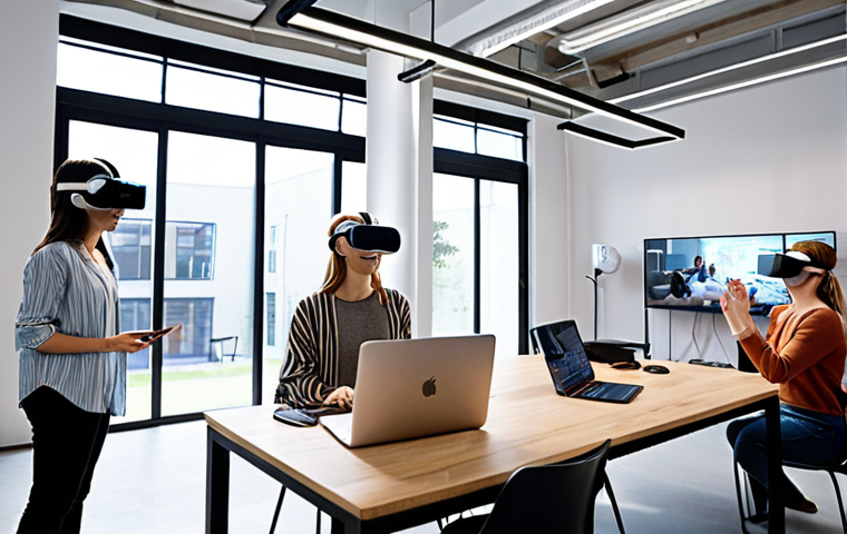 **
A diverse group of people collaborating on a digital project in a modern, light-filled co-working space. Some are using VR headsets to design immersive experiences, while others are analyzing data on large screens. The overall feeling is optimistic and innovative, showing the blend of human skills and technology.
**