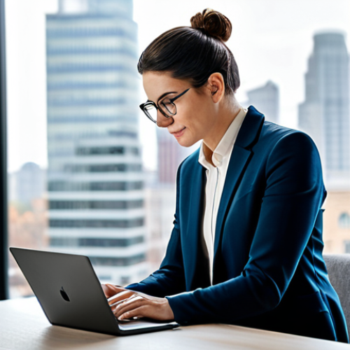 A professional adult, gender-neutral, working remotely from a modern, well-lit home office setup, with a laptop and a tablet. The subject is fully clothed in a modest, professional business casual outfit, looking focused and productive. In the background, a large window shows a blurred city skyline, symbolizing connection to a wider world. The scene emphasizes modern work dynamics, with a clean and organized workspace. Appropriate attire, safe for work, perfect anatomy, correct proportions, natural pose, well-formed hands, proper finger count, natural body proportions, professional photography, high quality image, appropriate content, family-friendly.