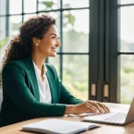 직업 전환 중 스트레스 관리 방법 - **Prompt:** A serene, confident woman in her late 30s, dressed in comfortable, stylish business casu...