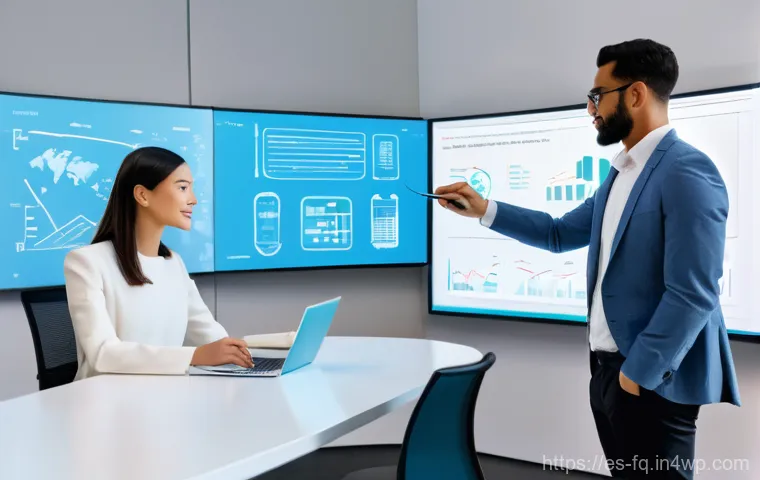 자동화 대응 직업 전환 계획의 핵심 요소 - **Prompt: Human-AI Collaborative Workplace**
    "A diverse group of four professionals (two men, tw...