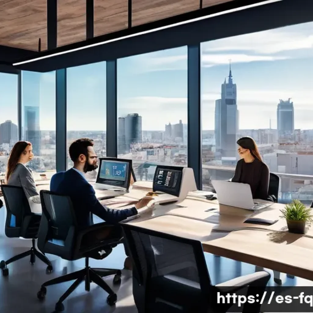 자동화 시대의 직업 전환과 변화관리 - A modern office scene in a Spanish-speaking urban environment, showing a diverse group of profession...