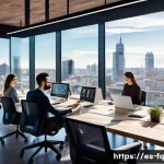 자동화 시대의 직업 전환과 변화관리 - A modern office scene in a Spanish-speaking urban environment, showing a diverse group of profession...