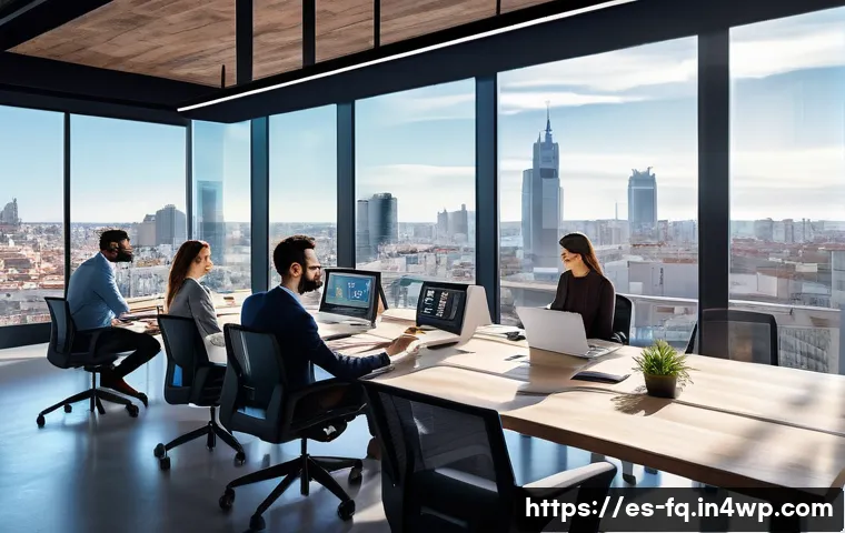 자동화 시대의 직업 전환과 변화관리 - A modern office scene in a Spanish-speaking urban environment, showing a diverse group of profession...