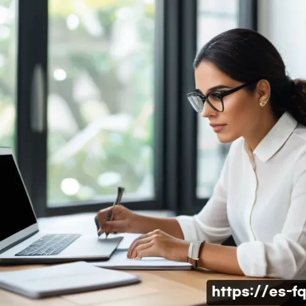 직업 전환 후 성공적인 커리어 관리 방법 - A professional Hispanic woman in her early 30s sitting at a modern home office desk, attentively rev...