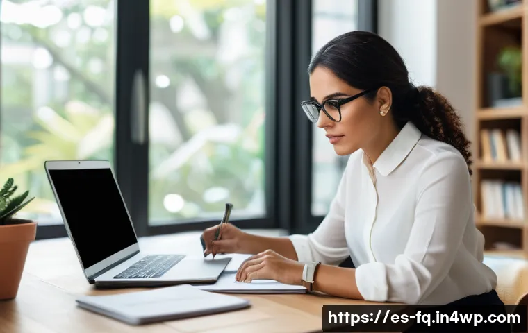 직업 전환 후 성공적인 커리어 관리 방법 - A professional Hispanic woman in her early 30s sitting at a modern home office desk, attentively rev...