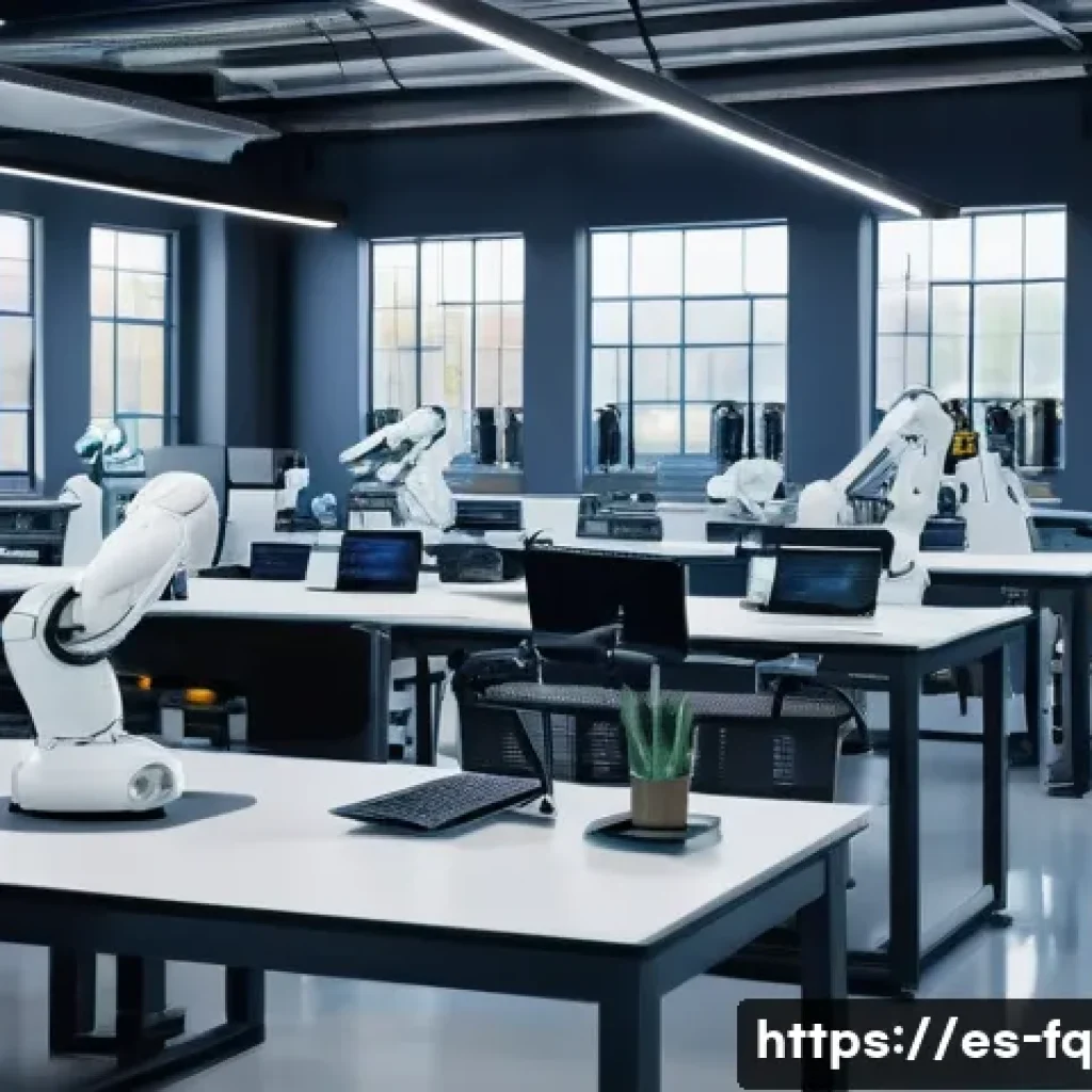 AI와 로봇 기술의 진화와 직업 미래 - A modern industrial workspace showcasing advanced automation, where diverse workers in casual busine...