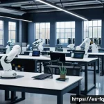 Home 21 AI와 로봇 기술의 진화와 직업 미래 - A modern industrial workspace showcasing advanced automation, where diverse workers in casual busine...