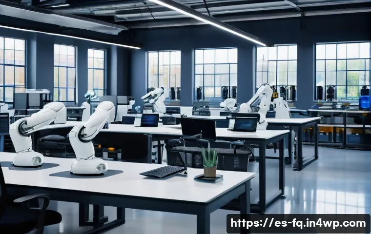 AI와 로봇 기술의 진화와 직업 미래 - A modern industrial workspace showcasing advanced automation, where diverse workers in casual busine...