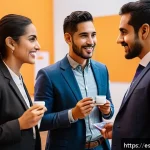 Home 20 직업 전환을 위한 멘토링 네트워크 구축 - A professional networking event in a modern conference hall in Mexico City, featuring diverse Hispan...