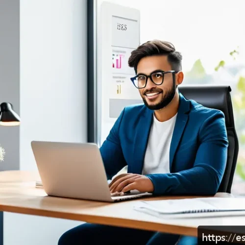 Home 31 자동화에 적응하는 법 실용 가이드 - A bright, modern home office scene with a young professional freelancer sitting at a sleek desk usin...