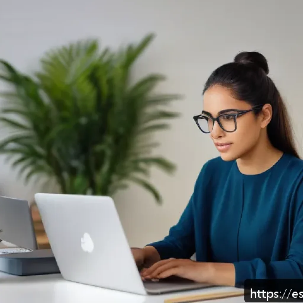 자동화 대응 직업 전환의 전략적 접근 - A professional young Hispanic woman sitting at a modern home office desk, focused on her laptop scre...