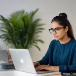 Home 18 자동화 대응 직업 전환의 전략적 접근 - A professional young Hispanic woman sitting at a modern home office desk, focused on her laptop scre...