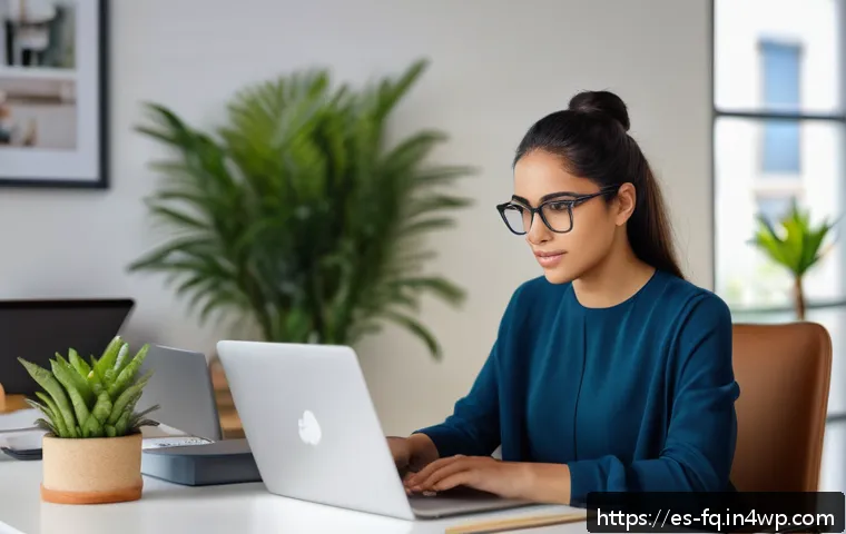 자동화 대응 직업 전환의 전략적 접근 - A professional young Hispanic woman sitting at a modern home office desk, focused on her laptop scre...