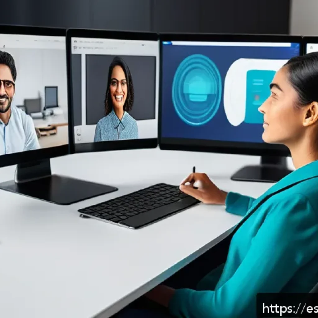 AI의 발전과 직업의 가치 변화 - A modern office scene in Spain featuring a diverse group of professionals collaborating with AI-powe...