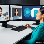 Home 23 AI의 발전과 직업의 가치 변화 - A modern office scene in Spain featuring a diverse group of professionals collaborating with AI-powe...