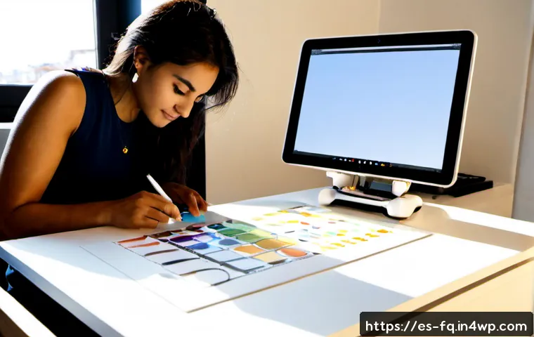 Home 17 자동화 시대의 창의적 직업군 - Photorealistic creative professional in a bright Madrid-style design studio, a Hispanic woman using ...