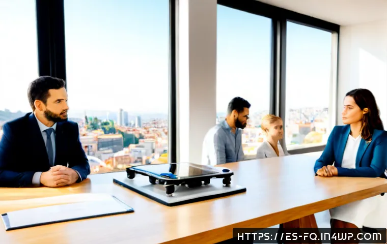 Home 17 AI와 자동화의 윤리적 측면 - Photorealistic ethical AI concept in a modern Spanish workplace, a diverse team of adults seated aro...